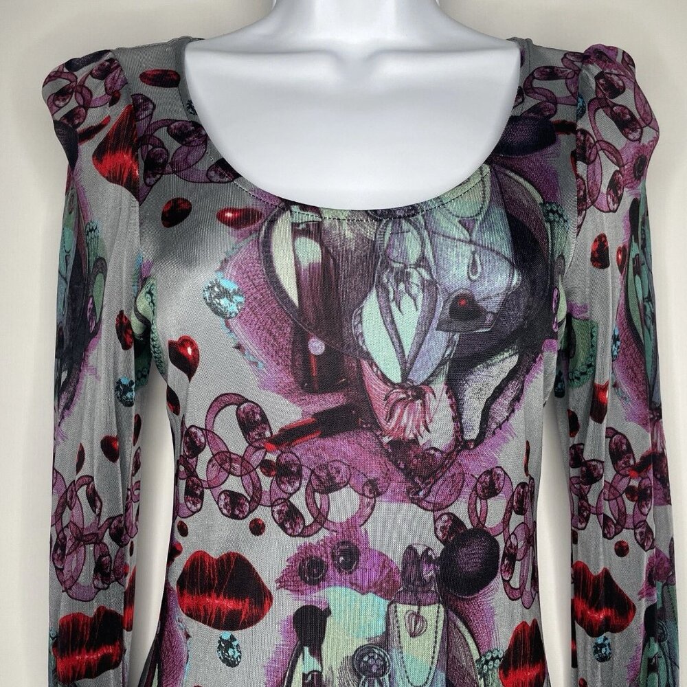 Vintage Y2K Custo Barcelona Graphic Mesh Dress Size S Gray Purple Lips Hearts - Picture 2 of 10